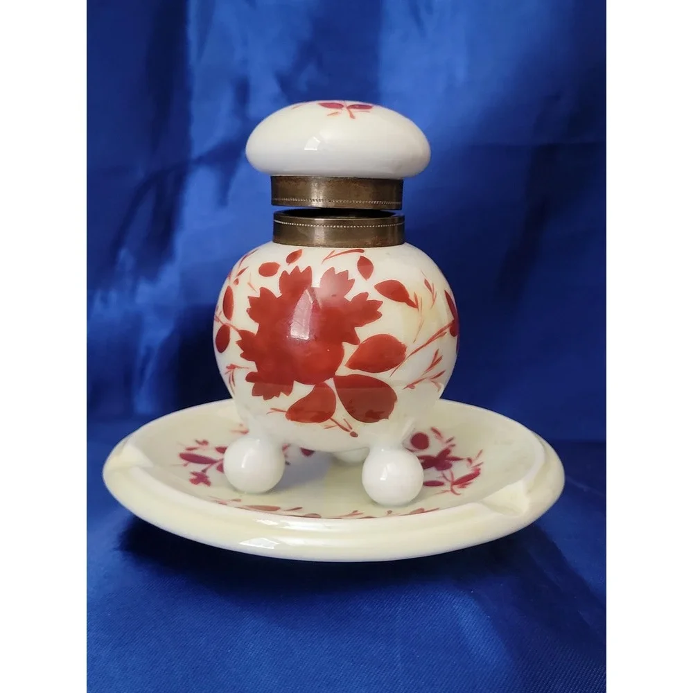 Antique Porcelain Desk Inkwell with Attached Saucer Tray 1900s
